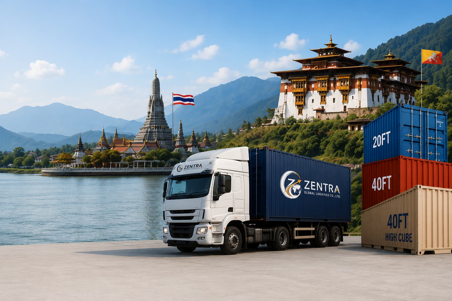 Zentra truck and shipping containers with Bangkok and Bhutan scenery
